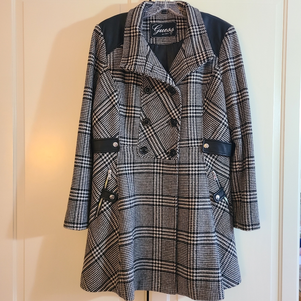 Guess houndstooth wool blend peacoat with pleather accents